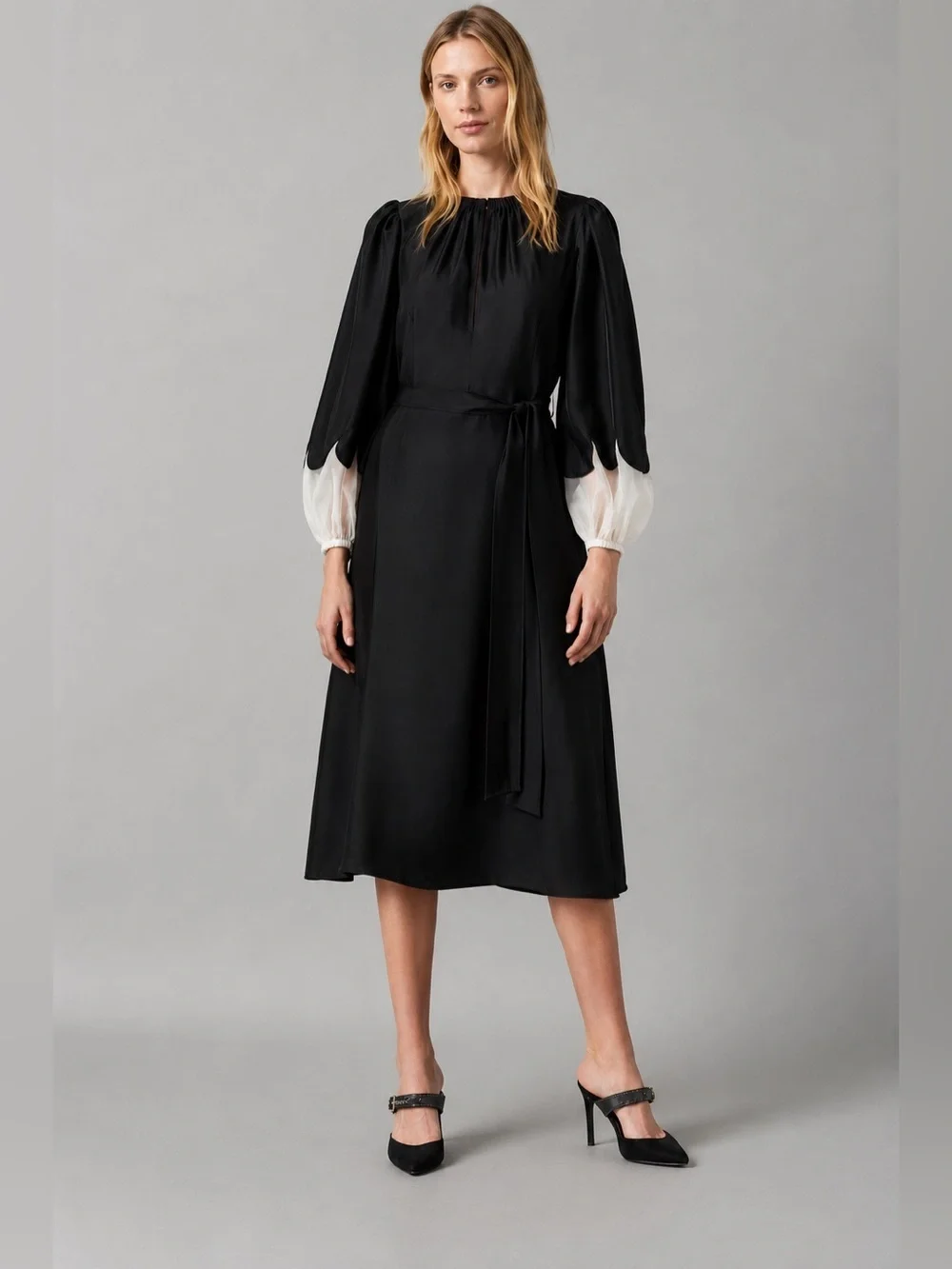 Tory Burch Scalloped Sleeve Silk Midi Dress Black Ivory White Luxury NWT 8